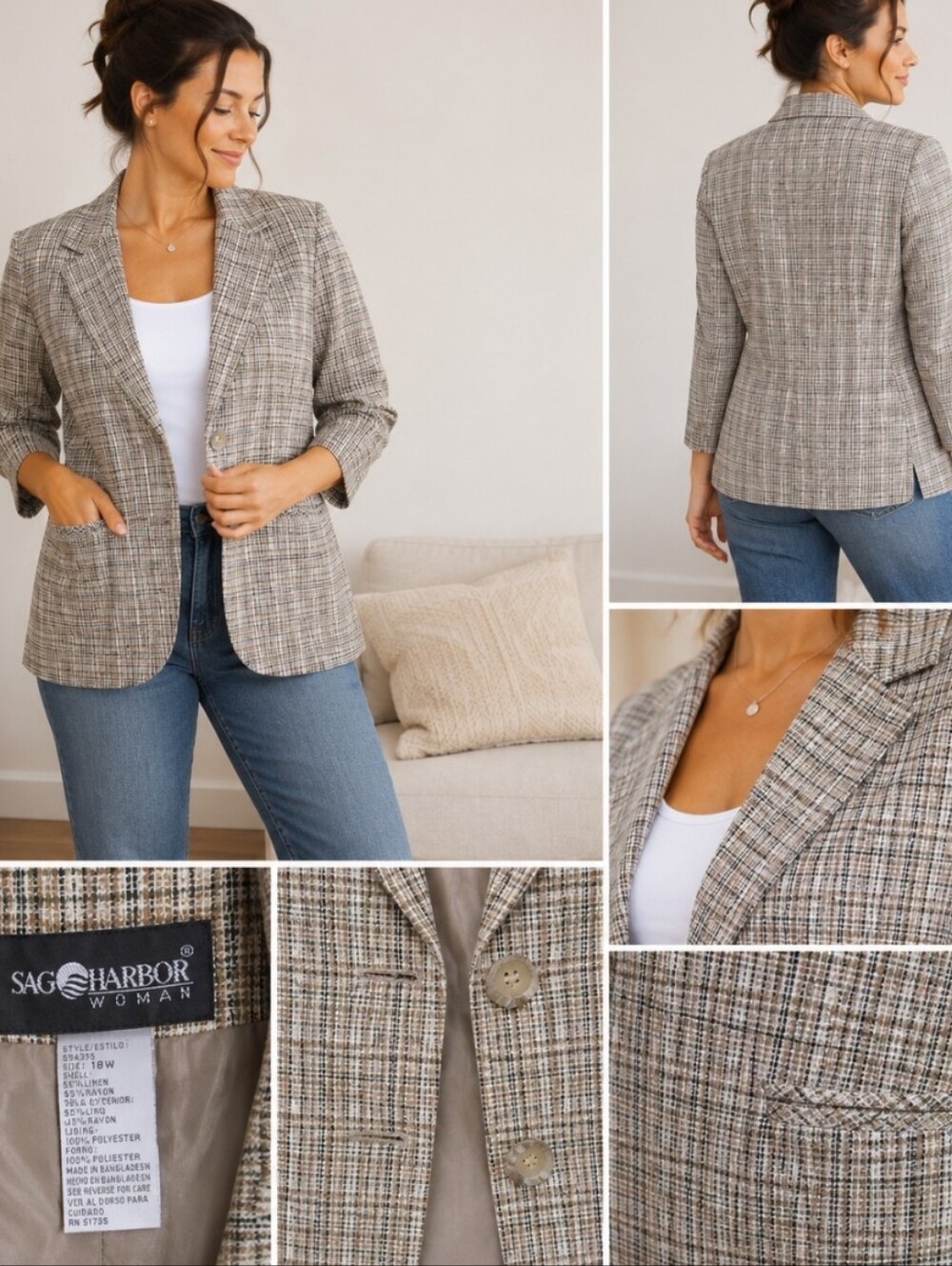 Sag Harbor Plaid Linen Blend Blazer Jacket 18W Plus Size Career Chic